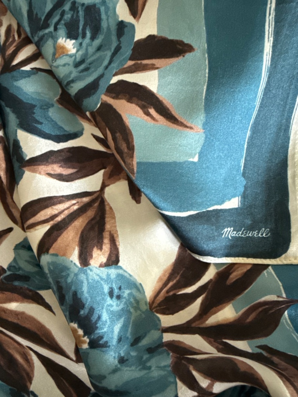 Madewell 100% Silk Square Scarf Blue Brown Floral - Picture 2 of 13